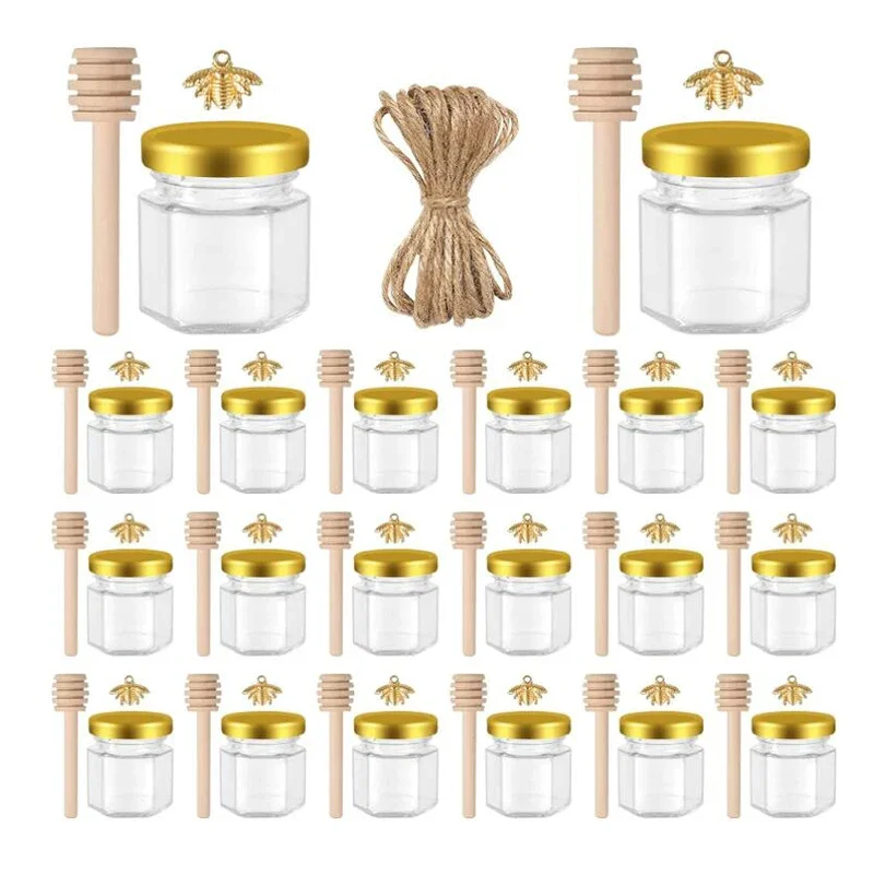 30PCS 1.5/2OZ Honey Glass Hexagonal Party Favors Empty Bee Pendants Gold Lid Mini Hexagons Glass Honey Jar With Wooden Dipper