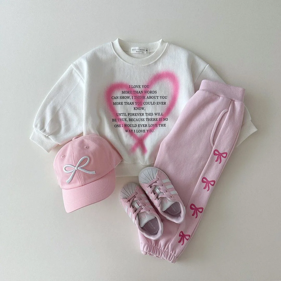 2024 Spring New Baby Girl Long Sleeve Casual Sweatshirt Letter Heart Print Girls Cartoon Tops Children Casual Pullover Clothes