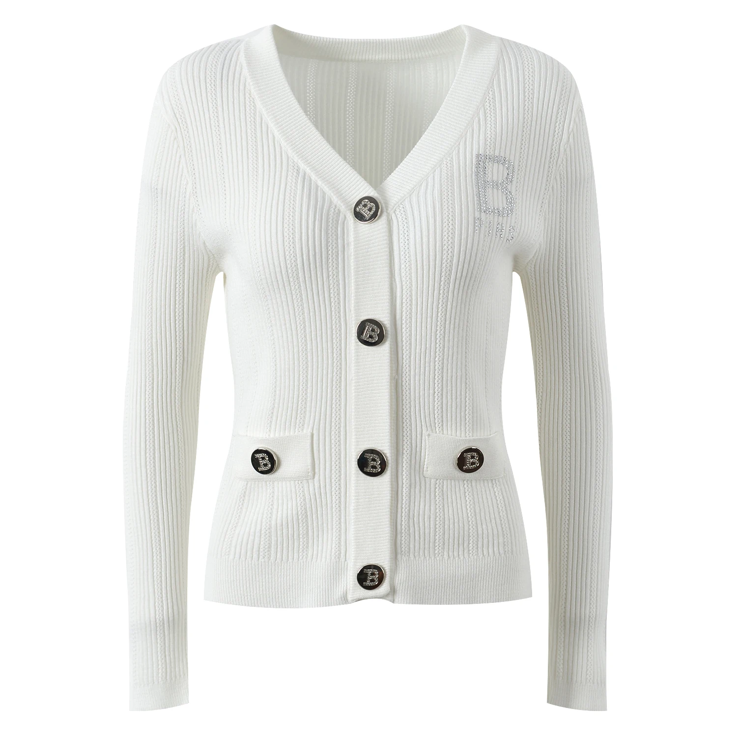 

High-End European Sle Women's Knitted V-Ne Open Cardigan Slimming Faion Heavy Rhinestone Gold Bule Length Top