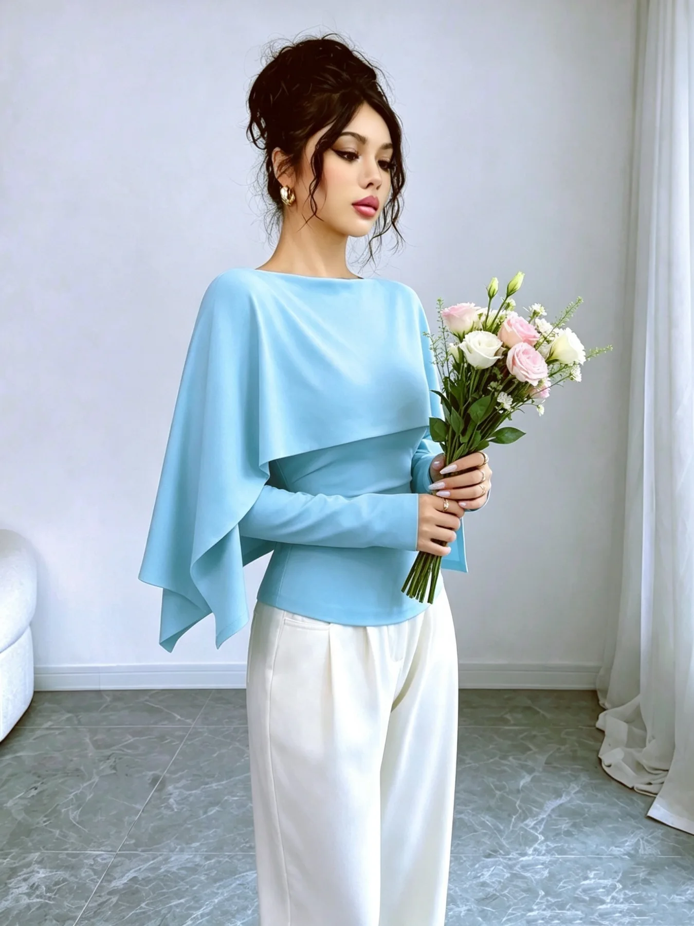 Elegante, schlanke, einfarbige Cape-Bluse für Damen, langärmelig, zweiteilig aussehend, figurbetont, schick, für Büro, Abend, Party, Dating, Alltag. – Detail 17