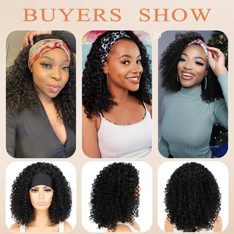 Afro Kinky Curly Headband Wigs for Women Synthetic Short Bob Curly Wig Head Band Halloween Natural Hair Woman Wigs with Scarf