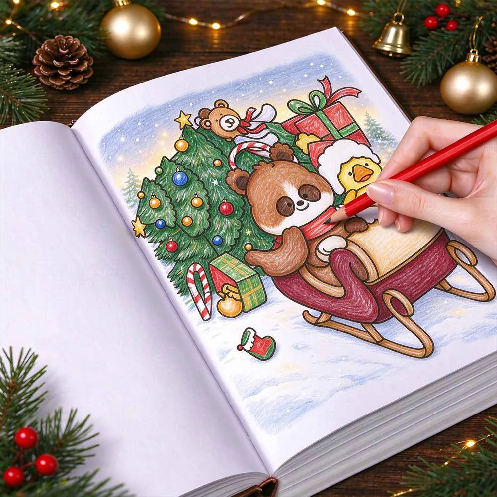 Cozy Christmas Coloring Book for Adults Teens, 32 Single-Sided Pages, Cute Holiday Art, Stress Relief, 21x21cm