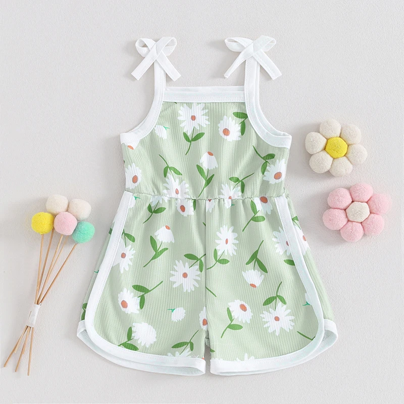 Little Girl Cami Romper Sleeveless Square Neck Flower Print Tie Up Spaghetti Strap Jumpsuit Infant Baby Toddler Clothes