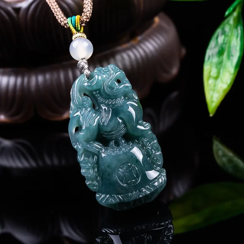 Natural Grade A Jadeite Blue Water Pixiu Pendant, Exquisitely Carved Jade Stone, Unisex Jade Necklace