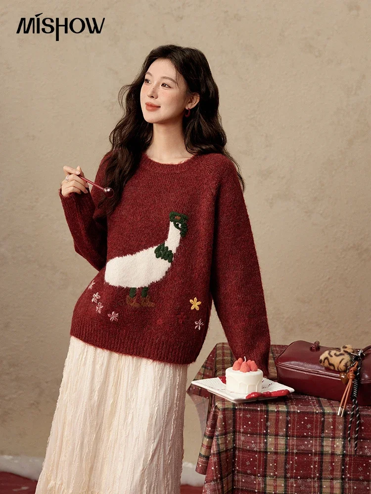 MISHOW Christmas Soft Sweater Women Goose Pattern O-Neck Pullovers Thick Warm Knitted Top Versatile Office Lady MXD59Z1122