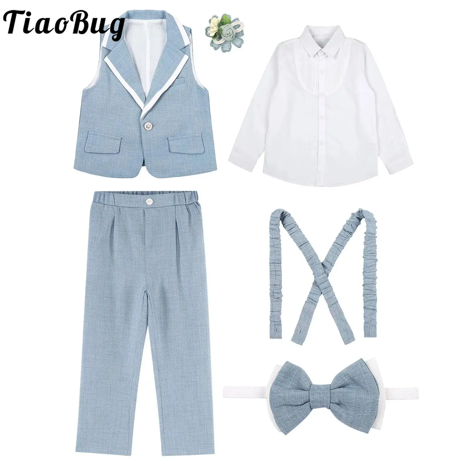 

Kids Boys British Style Gentleman Suits Long Sleeve Shirt Waistcoat Pants Suspenders Bowtie Corsage for Wedding Birthday Party