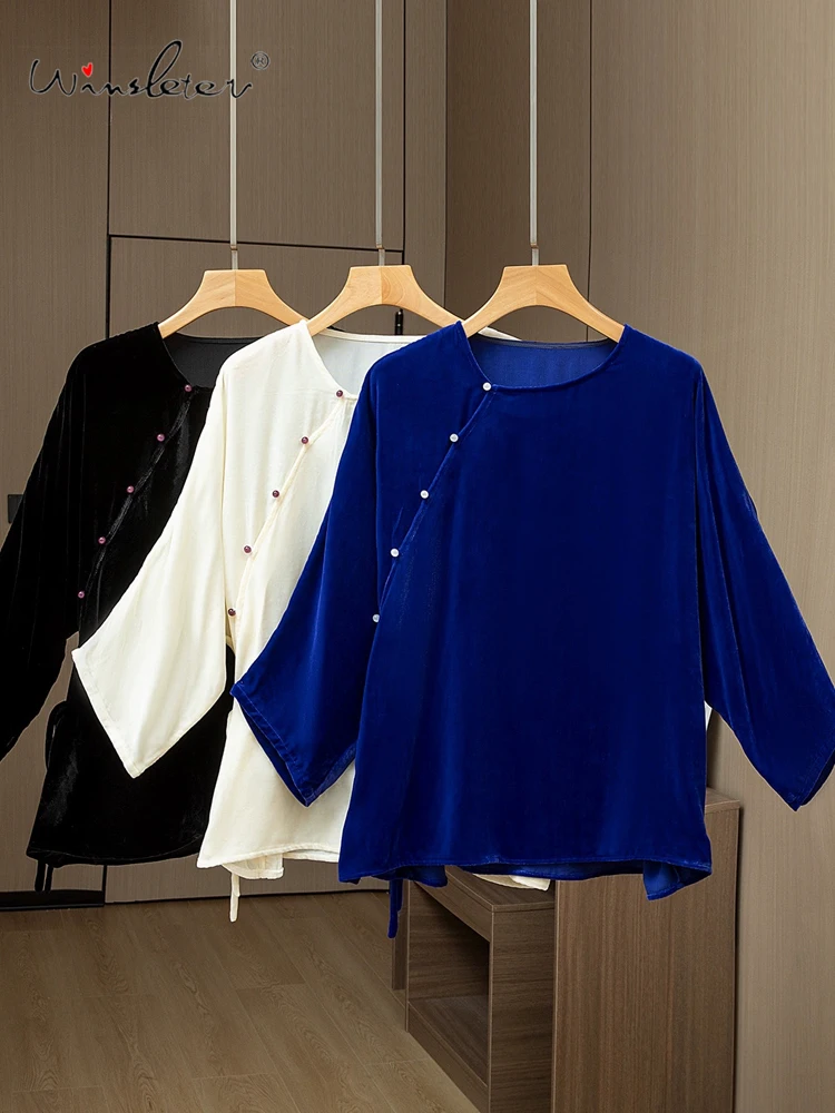 

Winsleter — женская элегантная бархатная рубашка из 100% натурального шелка, пуговицы с рукавами «летучая мышь», свободная блузка в стиле ретро, осенняя новинка 202, T59905CC