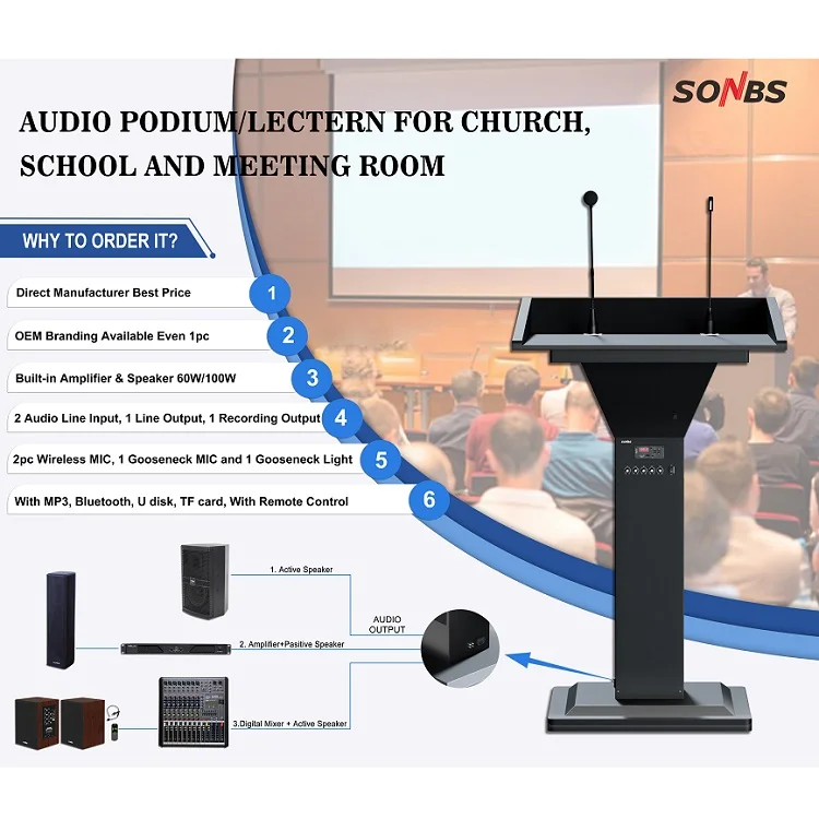 Sound Powder Plus Multi-Functional Wireless Conference Lectern Church Pulpit Podium with Light Microphone Microphone Speaker