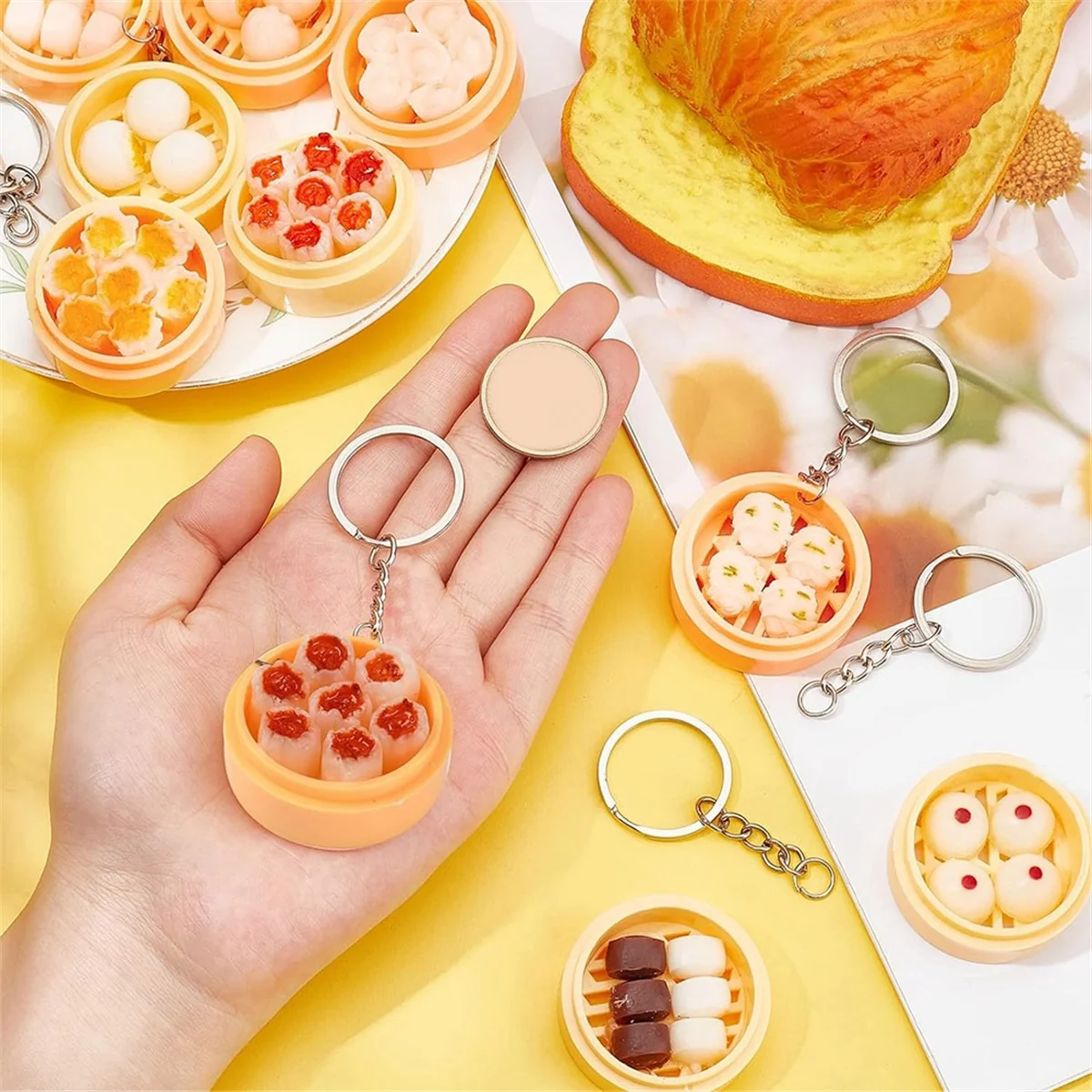 10Pcs Mini Food Keychain Steamed Stuffed Bun Keychain Cute Delicious Food Keychain Key Ring for Phone and Bag