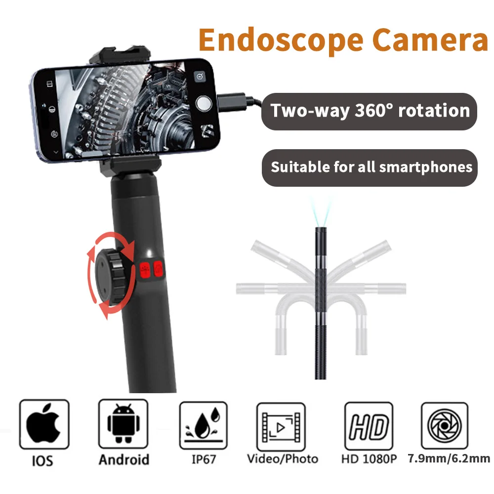 2-Way 360 องศาอุตสาหกรรมท่อกล้อง Endoscopic สําหรับสมาร์ทโฟน Type-C Android IOS ตรวจสอบกล้อง Endoscopic 7.9 มม./6.2 มม.