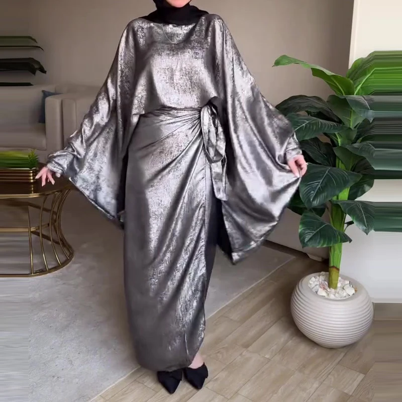 

Fashion Lace-Up Waist Solid 2 Piece Suit Elegant O-neck Pullover & Half Skirt Outfits Women Casual Batwing Sleeve Long Skirt Set