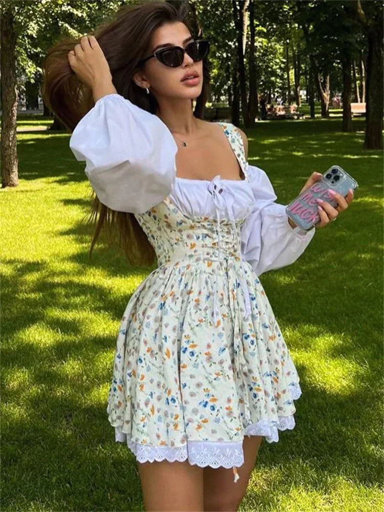 Printed Bandeau 2 Piece-Set Mini Dress Female Lace Patchwork Off-Shoulder Summer Square Collar Fashion Party Female Dress