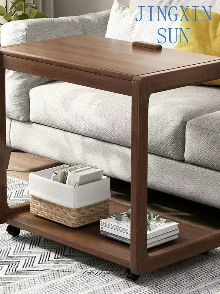 Solid Wood Furniture Tea Coffee Table Sofa Corner Bedside Balcony Living Room Side Cabinet Movable Learning Table  With Wheels