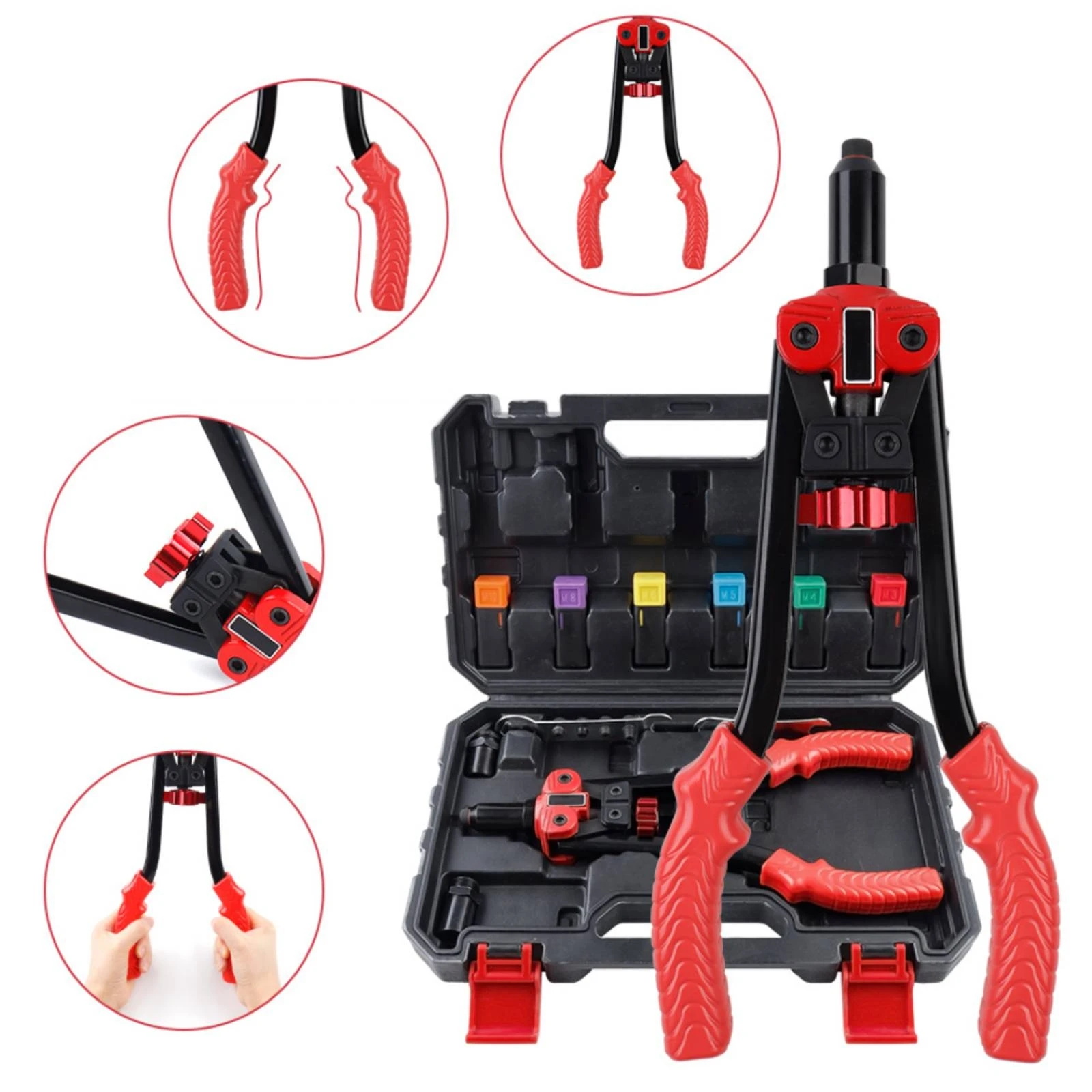 Rivet Nut Tool Kit Interchangeable Rivet Kit Hand Riveter Ergonomic Hand Riveter with Case Easy to Use for Mechanics