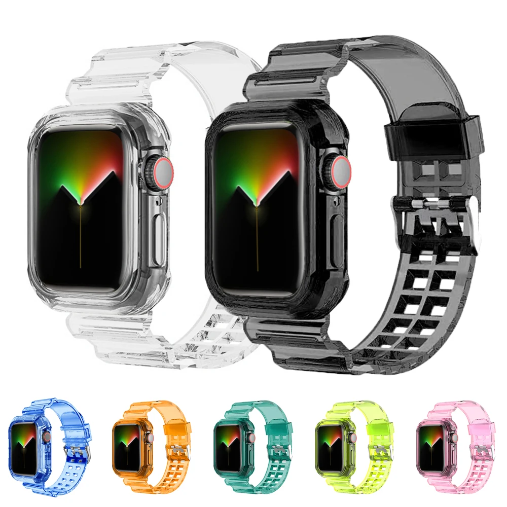 Transparent Strap +Case for Apple Watch Ultra 2 Band 49mm 44mm 45mm 38/40/41/42mm Bracelet correa iwatch Series 9 8 7 6 5 4 3 SE