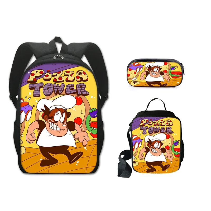 

Game Pizza Tower Printing Peripheral Pepperman School Bag Shoulder Bag Pencil Bag Large Capacity Children's Zipper Bag 3pcs