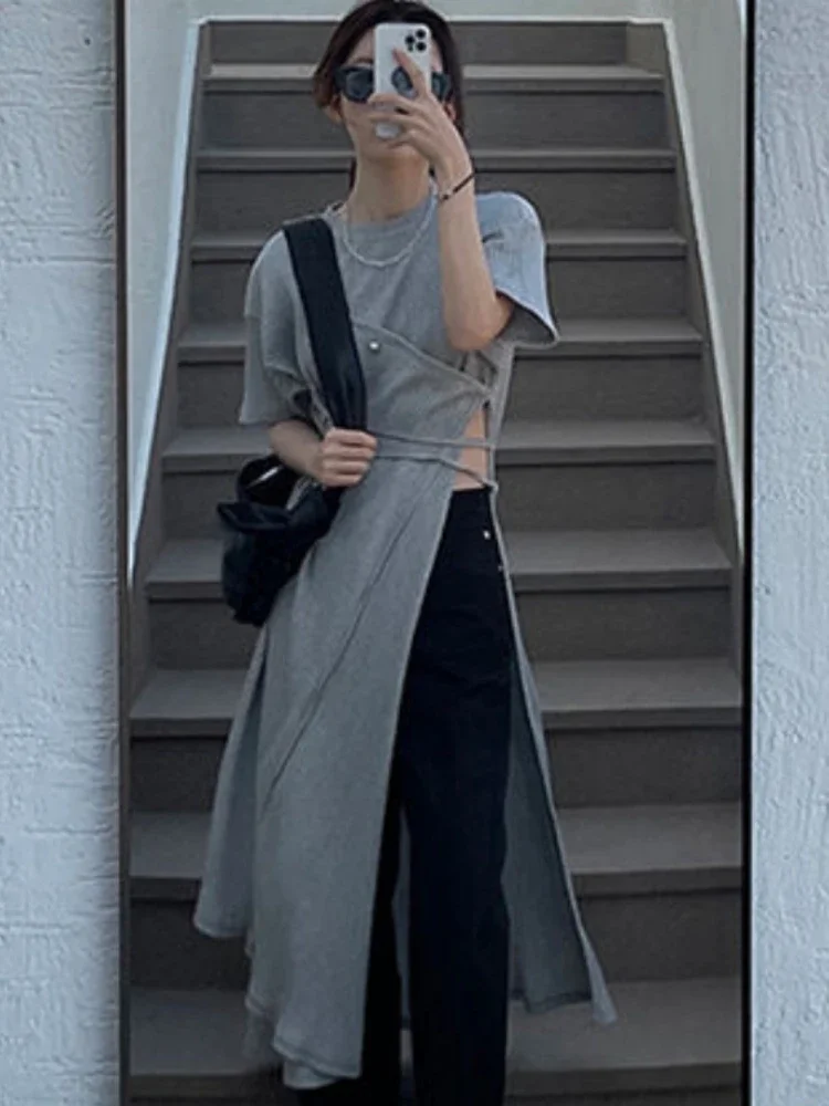Women -neck Casual Y2k Sexy Asymmetrical Tee Dresses Vestido 2025 Summer Korean Fashion Bandage Split Side Long T-shirt Dress