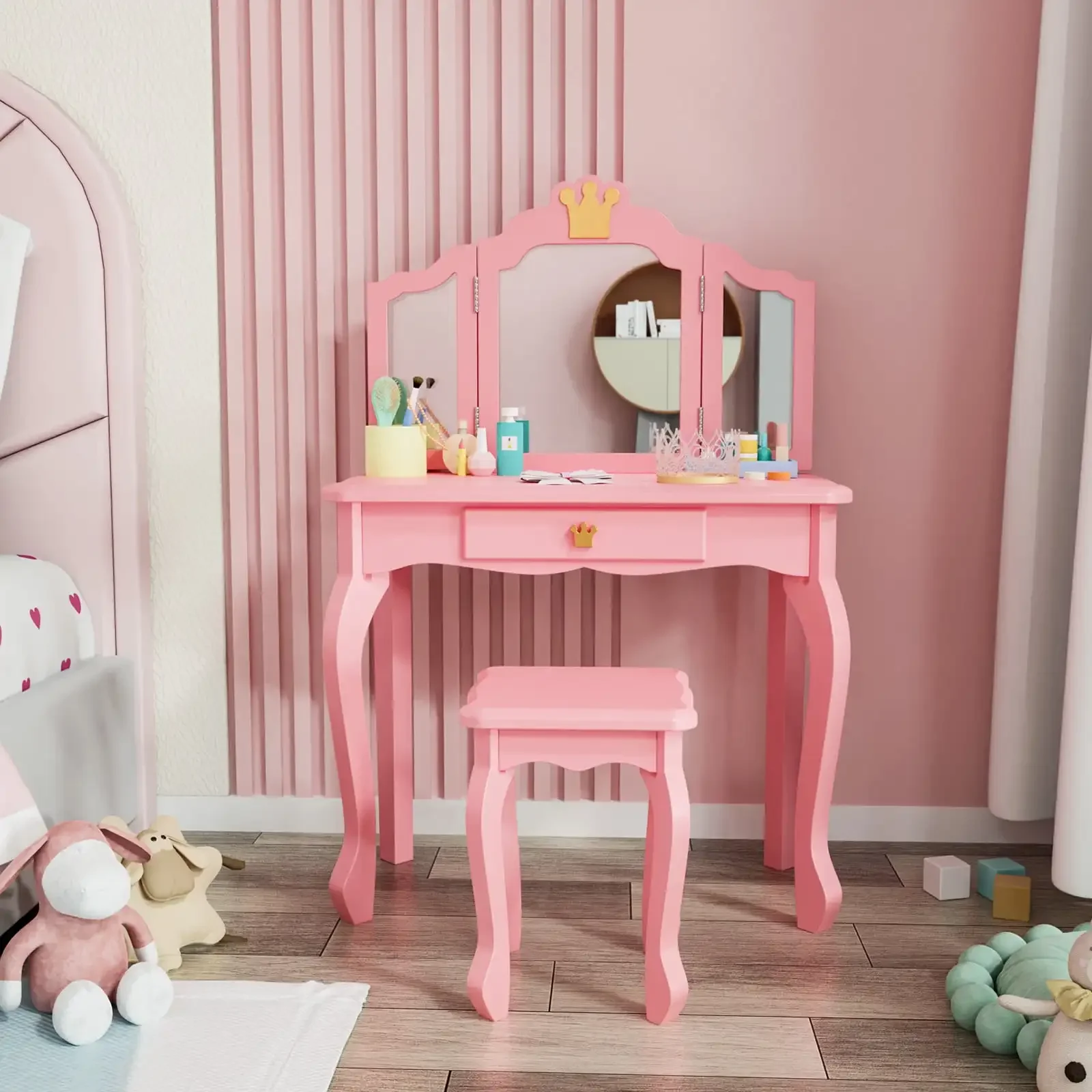 

Kids' Vanity Table and Stool Makeup Dressing Set w/ Mirrors & Drawer, Pink