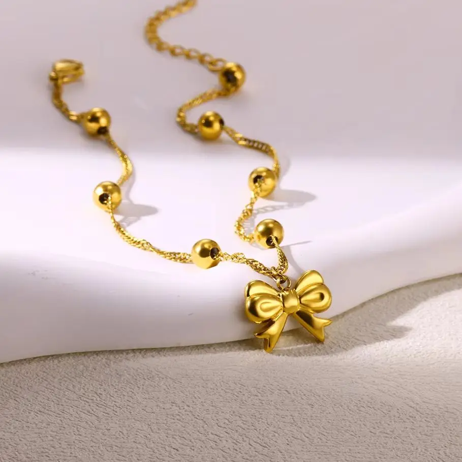 

Stainless Steel Anklets for Women Gold Color Sweet Bow Tie Beads Chain Anklet Leg Bracelets Bodychain Jewelry Summer Accessories