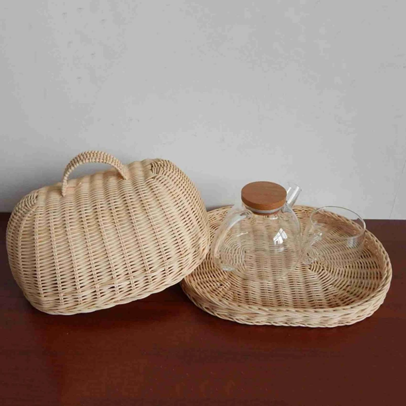 2X Rattan Storage Tray With Cover,Hand-Woven Wicker Baskets,Bread Fruit Food Breakfast Display Box,For Food, Fruit,Etc