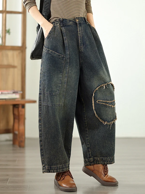 Dames katoenen denim jeans met rechte pijpen, losse pasvorm, casual lantaarnbroek, herfst nieuwe Sle afslankeffect, negen punten jeans