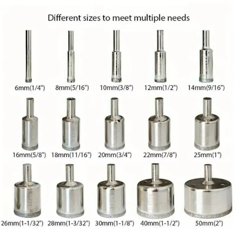 15Pcs 6-50mm Diamond Coated Drill Bits Glass Marble Cutter Opener Drill Bits Tile Hole Saw Drilling Bits Extractor Remover Tools