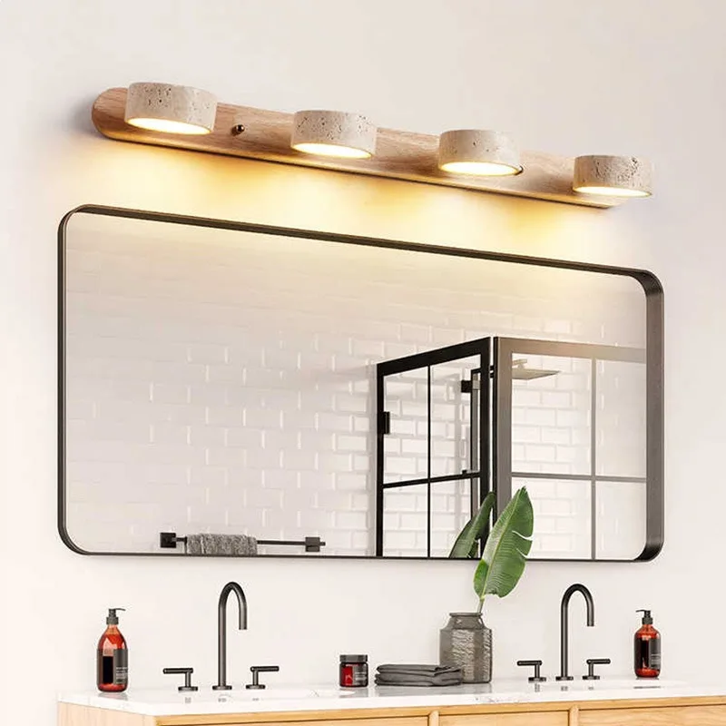 Japanese Vintage Terrazzo Photo Frame with Light Yellow Stone Walnut Wall Lamp for Bathroom Wash Basin Dressing Table