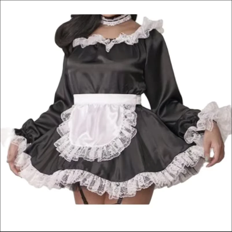 

Adult Giant Baby Cross Dressing Sexy Cd/Tv Girl Black Satin Dress White Apron Sissy Role-playing Makeup Ball Maid Custom Lockabl