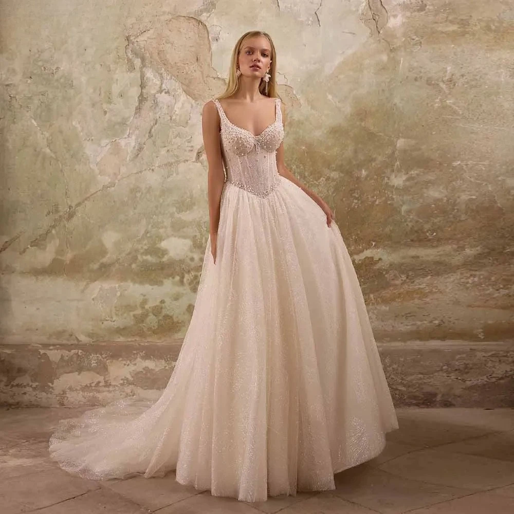 Customized Luxury Bridal Dresses with Beading Spaghetti Straps A-line V-neck  Exquisite Lace Graceful Ballet Style Bride Gowns