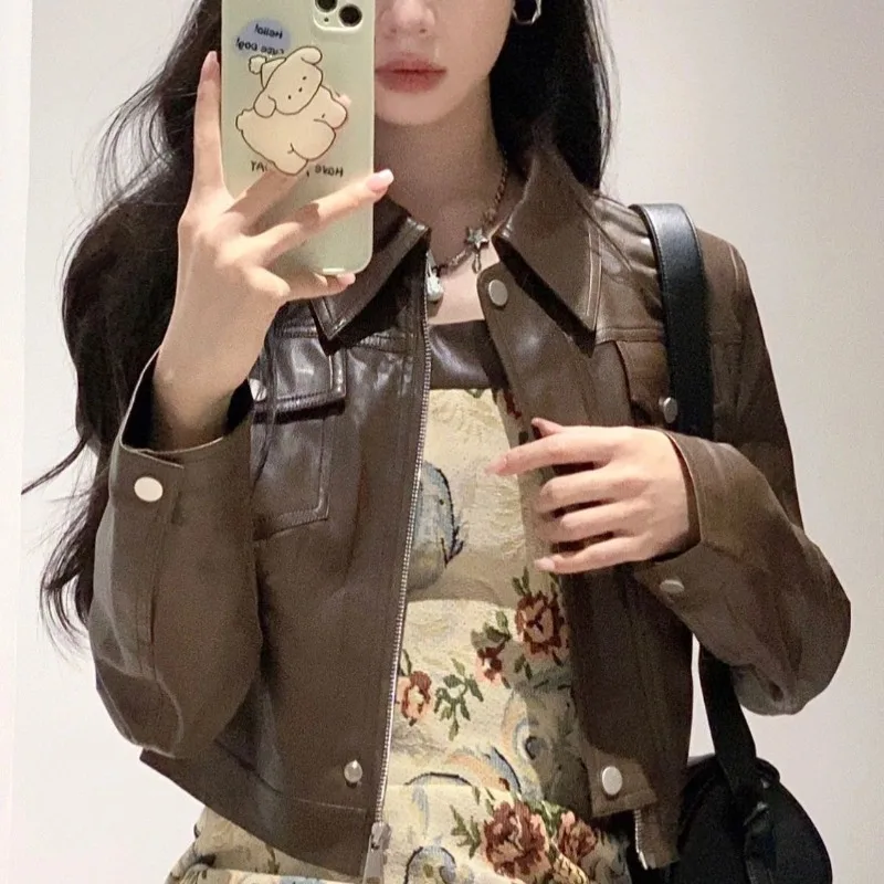 Deeptown Vintage Crop Brown Leather Jacket Women Korean Style Streetwear Fashion Short Motorcycle Jackets Harajuku Chic Elegant