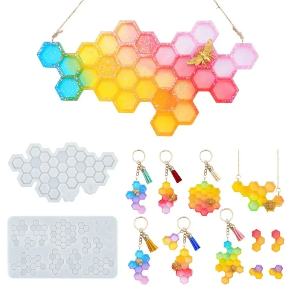 

2pcs Top Quality DIY Honeycomb Keychain Epoxy Resin Mold Honeycomb House Number pendant Coaster Set Mirror Silicone Mould Home
