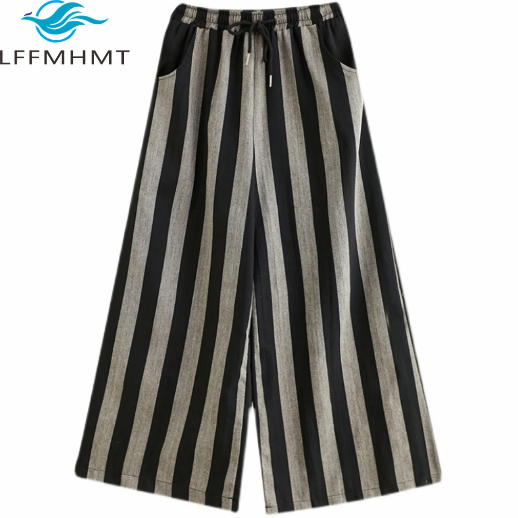 

Spring Summer Fashion Women's Classical Striped Pants Female Elastic Waist Literature Art Asymmetrical Loose Casual Thin Trouser