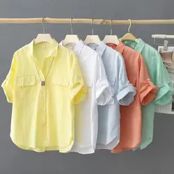 Katoenen Shirts Met Korte Mouwen En Blouses Effen Kleur Mode Vrouw Blouse 2024 Koreaanse Stijl Kleding Zomer Blusas Femininas Bonitas