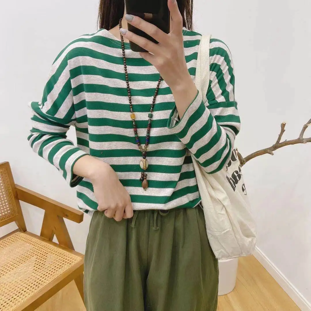 Johnature New Casual Striped Woman T-Shirts 2024 Spring Simple All Match Loose O-neck Female Tops