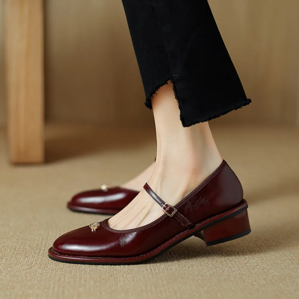 2024 New Genuine Leather Women Flat Shoes Fashion Red Ladies Elegant Mary Jane Shoes Flat Heel Casual Dress Outdoor Ballerinas