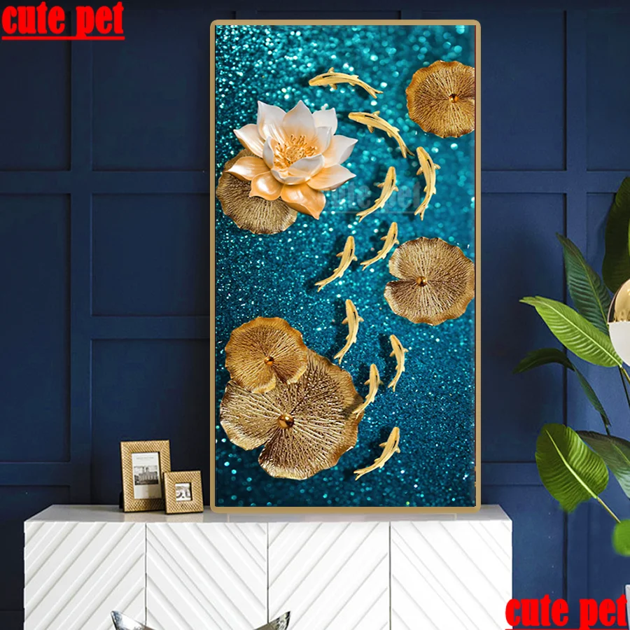 

large Diamond Embroidery Golden lotus DIY Cross Stitch Fish koi 5D Diamond Painting square rhinestones Diamond Mosaic Decor