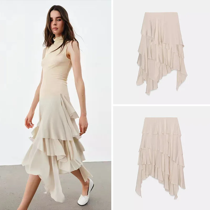 

Ele Flowing Skirt New Spring Women's Faion Midi Waist Layered Decoration Smooth Skirts for Ladies 25-35 Years Old