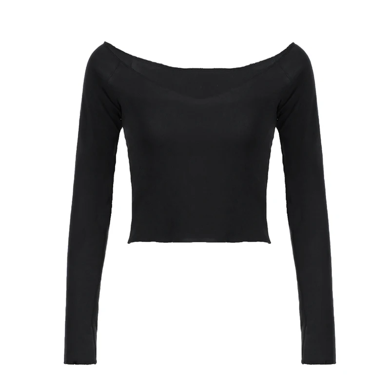 IAMHOTTY Casual Basic Slash Neck Cropped Top White Black Slim-fitting Long Sleeve T-shirts Streetwear Chic Elegant Clothes Women