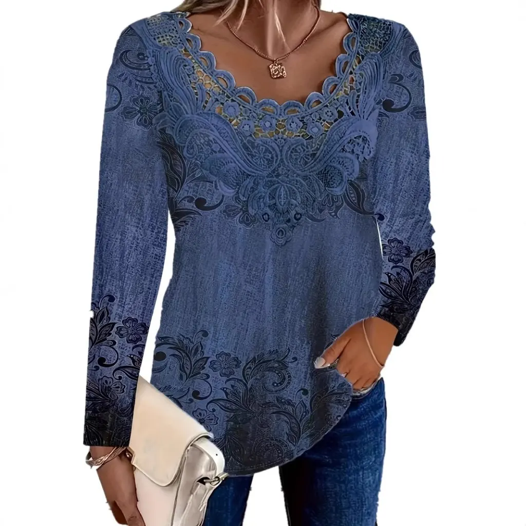 

Women's Lace Stitching round Neck Long Sleeve Top Fashionable Style T-Shirt for Ladies