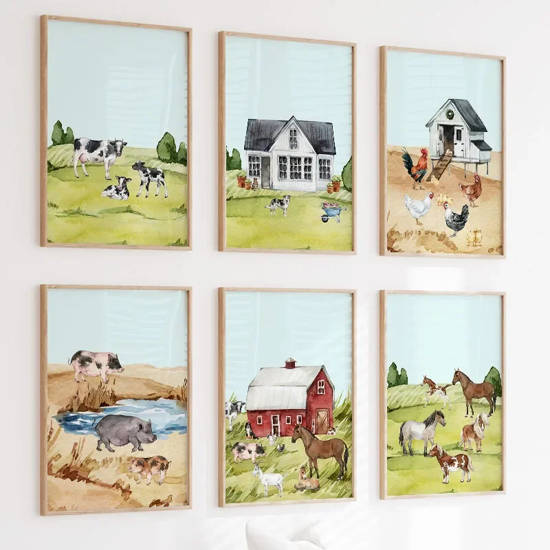 Multiple sizes 1pc frameless Canvas Painting,Horse Milk Cow Chicken Pig Dog Nursery Wall Art Posters Canvas Prints Nordic Farm A