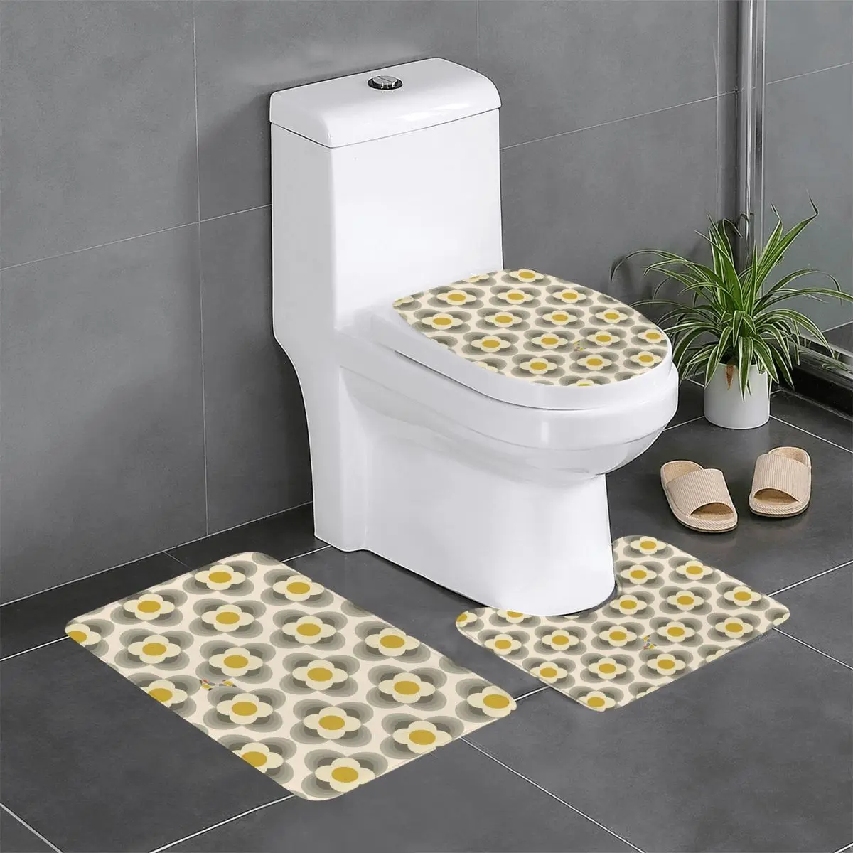 Custom Orla Kiely Striped Petal 3 Piece Bathroom Rugs Set Non Slip Scandinavian Abstract Flower Toilet Bath Mat Sets