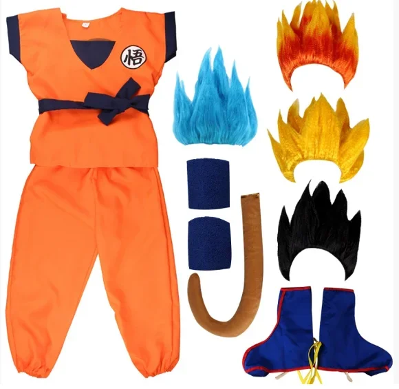 Disfraces de Halloween para Adultos y Niños, Traje de Son Goku, Cosplay de Anime, Disfraces para Fiestas, Cola, Muñequera, Peluca Azul y Dorada, Disfraz Infantil