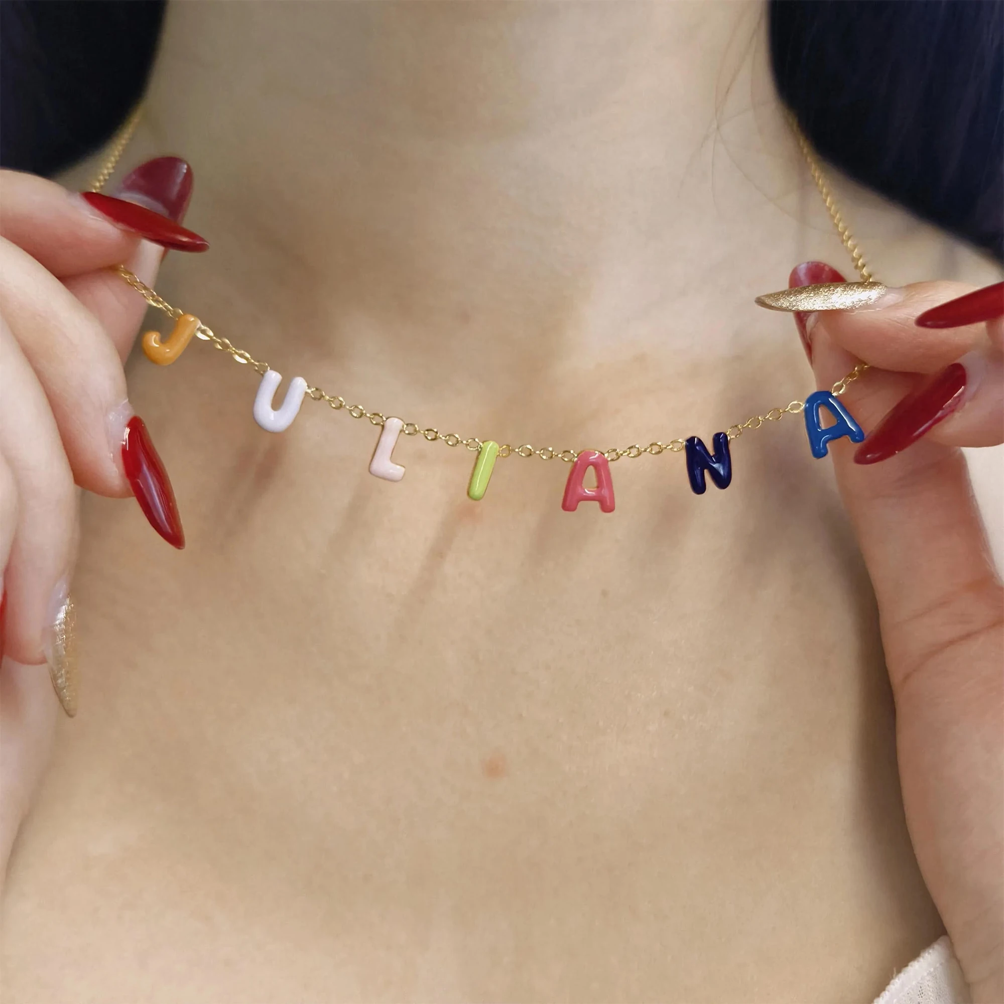 

Ожерелье с пузырьковыми буквами на заказ, эмаль, красочный стиль дофамина, 18-каратное золото, нержавеющая сталь, милый персонализированный рождественский подарок для девочек