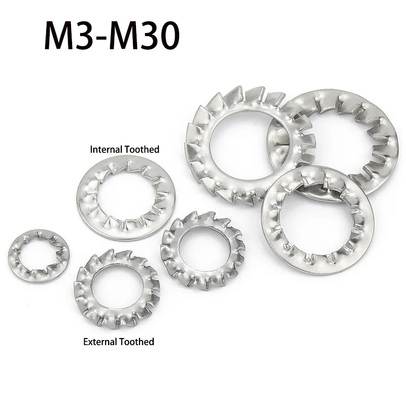 3-200pcs M3-M30 External Internal Toothed Serrated Lock Washer Gasket 304 Stainless Steel Backstop Anti-skid Anti-loose Washers