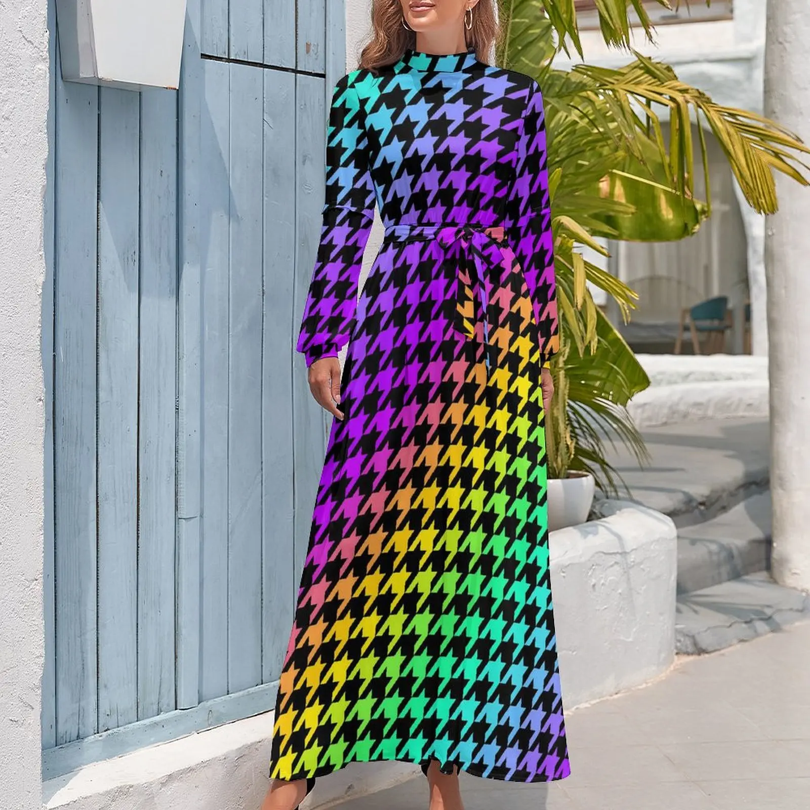 Houndstooth Geruite Jurk Met Geometrische Print Sexy Maxi-Jurk Streetwear Boho Beach Jurken Met Hoge Taille Design Kleding