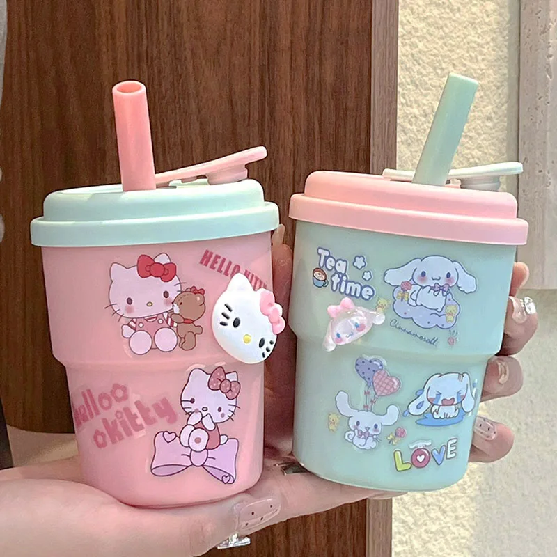 

420ML Sanrio 3D Stickers Water Cup Student Office Worker New Cute Hello Kitty Straw Cup Portable Coffee Milk Cup Girl Good Gift
