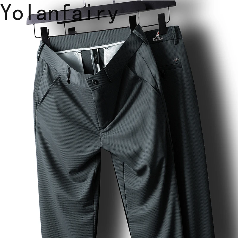 YOLANFAIRY 75% Mulberry Silk Trousers for Men Casual Pants Pantalon Homme Summer Men Clothing Straight Pants Vêtements Homme