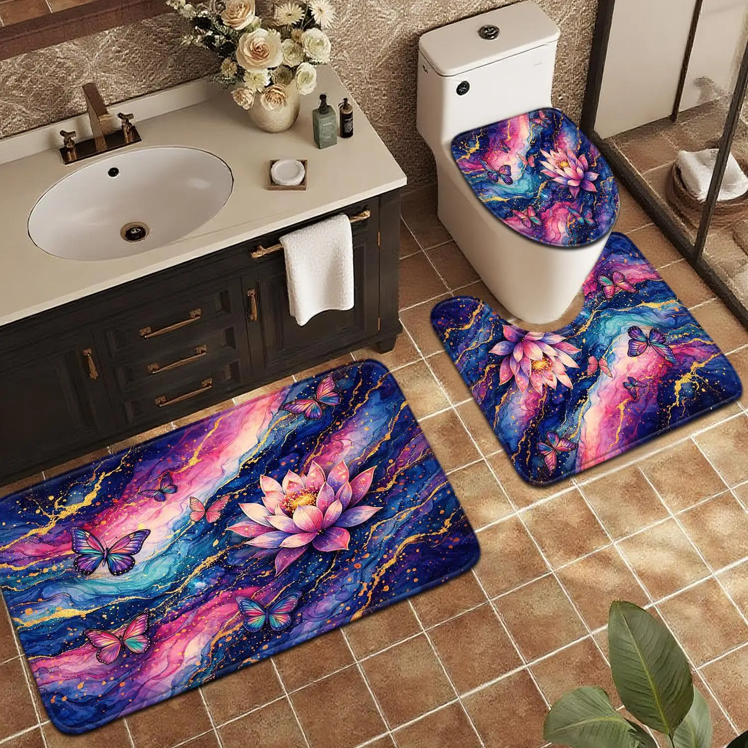Vibrant Butterfly Lotus Floral Bathroom Mat Set 3 Piece Luxury Bath Rugs for Modern Home Decor