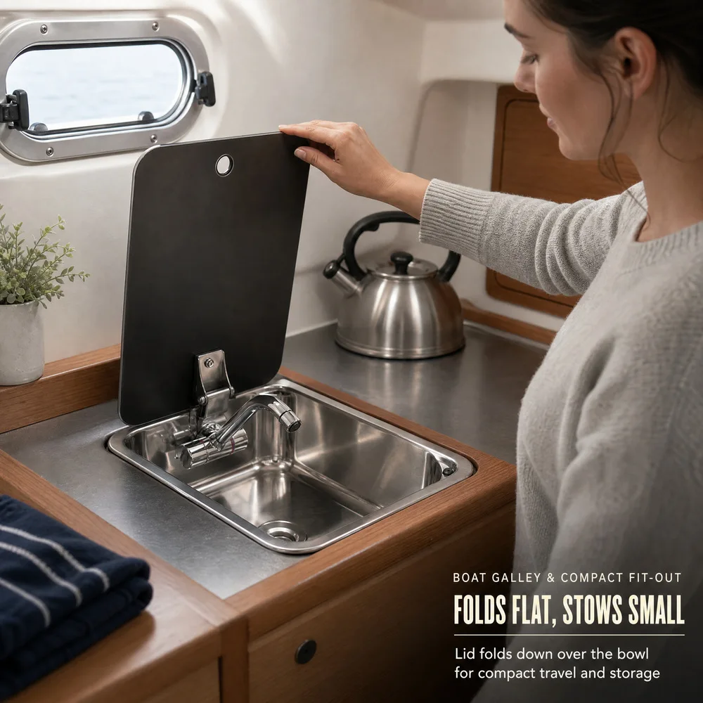 Stainless Steel Single Bowl Foldable Washbasin Rectangular Compact Size Car Mounted RV Yacht Sink With Hot Cold Faucet
