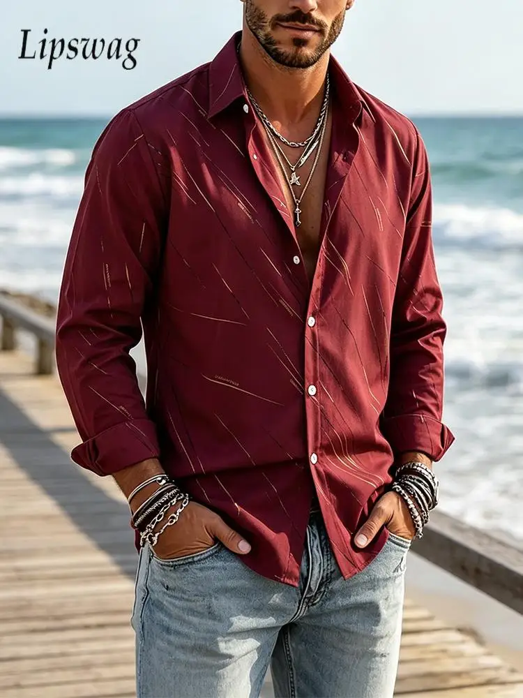 Retro Long Sleeve Turn-down Collar Shirt Cardigan Mens 2026 Autumn Gold Foil Printed Daily Outdoor Fashionable Tops For Men